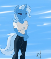 Size: 1280x1463 | Tagged: safe, artist:quakebrothers, trixie, anthro, g4, blushing, happy, smiling