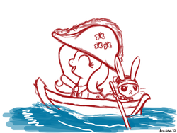 Size: 900x675 | Tagged: safe, artist:aa, angel bunny, fluttershy, g4, bicorne, boat, hat, paddle, water