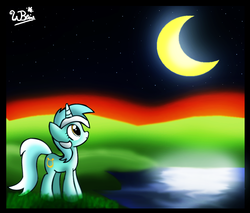 Size: 883x753 | Tagged: safe, artist:neoncabaret, lyra heartstrings, pony, g4, crescent moon, female, hill, lake, moon, night, solo, twilight (astronomy)