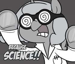 Size: 665x561 | Tagged: safe, artist:egophiliac, edit, princess luna, pony, moonstuck, g4, cute, doctor woonsano, dr. insano, female, goggles, grayscale, monochrome, science, science woona, solo, woona