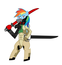 Size: 1784x1880 | Tagged: safe, artist:jewelsfriend, rainbow dash, cyborg, pony, g4, bipedal, crossover, female, jetstream sam, konami, mare, mask, metal gear, metal gear rising, simple background, sword, transparent background