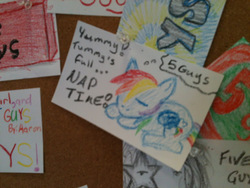 Size: 640x480 | Tagged: safe, rainbow dash, g4, fast food, five guys, note, photo, traditional art