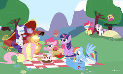 Size: 2500x1500 | Tagged: safe, artist:dm29, apple bloom, applejack, fluttershy, pinkie pie, rainbow dash, rarity, scootaloo, sweetie belle, twilight sparkle, earth pony, pegasus, pony, unicorn, g4, blindfold, cutie mark crusaders, fainting couch, female, filly, foal, mane six, mare, picnic, unicorn twilight