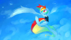 Size: 2133x1200 | Tagged: dead source, safe, artist:iopichio, rainbow dash, anthro, g4, arm hooves, clothes, dancing, female, sky, solo