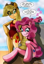 Size: 550x801 | Tagged: safe, artist:xjkenny, applejack, pinkie pie, earth pony, pony, semi-anthro, g4, arm hooves, beach, clothes, one-piece swimsuit, pinkie bank, red swimsuit, swimsuit, zzz