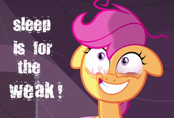 Size: 1024x695 | Tagged: safe, artist:boss hoss1, artist:boss-hoss1, edit, edited screencap, screencap, scootaloo, g4, sleepless in ponyville, bloodshot eyes, reaction image, solo, text