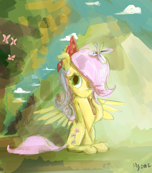 Size: 700x800 | Tagged: safe, artist:doctorpepperphd, fluttershy, butterfly, pegasus, pony, g4, flower, flower in hair, hair over one eye, sitting, solo