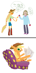 Size: 613x1227 | Tagged: safe, artist:cutebrows, applejack, human, equestria girls, g4, apple, chair, newspaper, offspring