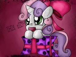 Size: 640x480 | Tagged: safe, artist:vendetatj, sweetie belle, pony, unicorn, g4, female, filly, present, ribbon, solo