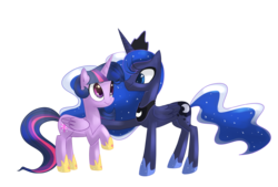 Size: 3100x2100 | Tagged: safe, artist:kaji-tanii, princess luna, twilight sparkle, alicorn, pony, g4, female, mare, raised hoof, simple background, twilight sparkle (alicorn)