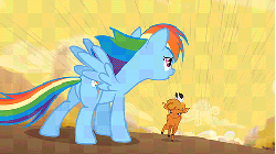Size: 480x270 | Tagged: safe, screencap, little strongheart, rainbow dash, bison, buffalo, pegasus, pony, g4, over a barrel, season 1, animated, awesome, badass, badass adorable, cute, desert, duo, female, gif, speed lines