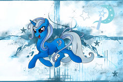 Size: 800x533 | Tagged: safe, artist:karla-chan, trixie, g4, abstract background, cutie mark, eyes open, full body, open mouth, side view, solo