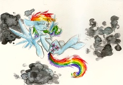 Size: 2408x1654 | Tagged: safe, artist:smartmeggie, rainbow dash, g4, cloud, cloudy, swapped cutie marks, traditional art