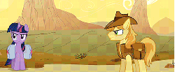 Size: 480x199 | Tagged: safe, screencap, applejack, braeburn, little strongheart, rainbow dash, twilight sparkle, buffalo, earth pony, pegasus, pony, unicorn, g4, over a barrel, animated, butt touch, female, hoof on butt, male, mare, now kiss, out of context, pushing, rump push, shipper on deck, stallion