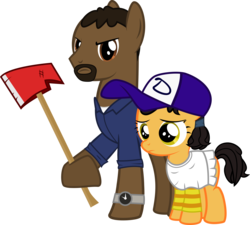 Size: 10000x9012 | Tagged: safe, artist:xenoneal, absurd resolution, axe, clementine (walking dead), duo, lee everett, ponified, simple background, the walking dead, transparent background, vector