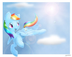 Size: 900x712 | Tagged: safe, artist:pegasisters82, rainbow dash, pony, g4, female, flying, lens flare, sky, solo
