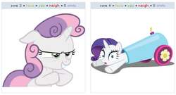 Size: 527x284 | Tagged: safe, artist:the-crusius, rarity, sweetie belle, pony, unicorn, g4, exploitable meme, female, filly, juxtaposition, juxtaposition win, mare, party cannon, pony cannonball, simple background, vector, white background