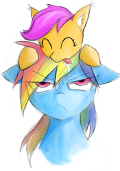 Size: 401x572 | Tagged: safe, artist:pogans, rainbow dash, scootaloo, pegasus, pony, g4, cute, cutealoo, drool, duo, duo female, female, ponies riding ponies, pony hat, riding, scootacat, scootaloo riding rainbow dash, scootalove, species swap