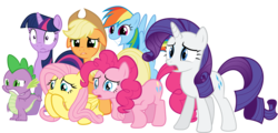 Size: 8124x3900 | Tagged: safe, artist:the-crusius, applejack, fluttershy, pinkie pie, rainbow dash, rarity, spike, twilight sparkle, g4, floppy ears, grin, mane seven, mane six, simple background, transparent background, varying degrees of want, vector