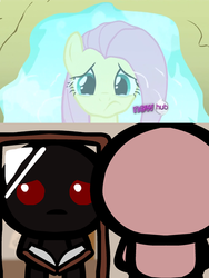 Size: 793x1053 | Tagged: safe, edit, screencap, fluttershy, g4, putting your hoof down, comparison, hub logo, inner demons, reflection, sad, the binding of isaac
