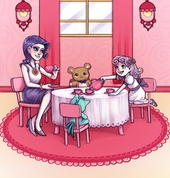 Size: 800x837 | Tagged: safe, artist:courtneygodbey, rarity, sweetie belle, human, best sisters, clothes, cup, cute, diasweetes, dress, drink, equestria's best big sister, humanized, sweet dreams fuel, table, tea, tea party, teddy bear