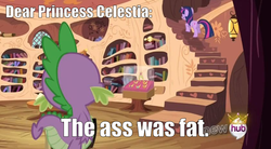 Size: 843x465 | Tagged: safe, edit, edited screencap, screencap, spike, twilight sparkle, g4, magical mystery cure, butt, image macro, plot, the ass was fat
