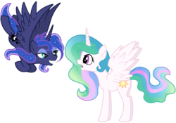 Size: 5000x3500 | Tagged: safe, artist:kp-shadowsquirrel, artist:yanoda, princess celestia, princess luna, alicorn, pony, g4, absurd resolution, alternate hairstyle, duo, ethereal mane, female, flying, grin, mare, royal sisters, simple background, sisters, smiling, starry mane, younger