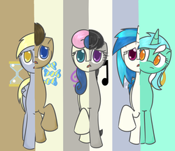 Size: 1150x1000 | Tagged: safe, artist:tastypony, bon bon, derpy hooves, dj pon-3, doctor whooves, lyra heartstrings, octavia melody, sweetie drops, time turner, vinyl scratch, earth pony, pegasus, pony, unicorn, g4, background six, female, male, mare, stallion, swapped cutie marks, what my cutie mark is telling me