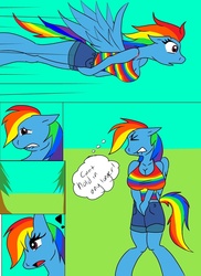 Size: 920x1265 | Tagged: safe, artist:ninjajackle, rainbow dash, anthro, g4, breasts, busty rainbow dash, clothes, comic, covering crotch, desperation, female, need to pee, omorashi, potty dance, potty emergency, potty time, solo