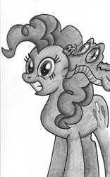 Size: 707x1131 | Tagged: safe, artist:mele-kalikimaka, gummy, pinkie pie, g4, grayscale, monochrome, smiling, traditional art