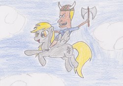 Size: 2636x1846 | Tagged: safe, artist:darkknightwolf2011, derpy hooves, pegasus, pony, g4, axe, beavis, beavis and butthead, cloud, cloudy, crossover, excited, female, helmet, mare, sky, traditional art