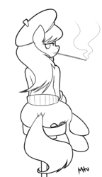 Size: 1104x1920 | Tagged: safe, artist:miketheuser, octavia melody, semi-anthro, g4, arm hooves, bedroom eyes, beret, butt, clothes, female, hat, monochrome, plot, plot rest, simple background, sitting, smoking, solo, sweater