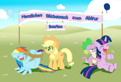 Size: 1024x693 | Tagged: safe, artist:digi-runner, applejack, rainbow dash, spike, twilight sparkle, dragon, earth pony, pegasus, pony, unicorn, g4, bondage, female, german, hoof tickling, lying down, male, mare, on back, tickle torture, tickling