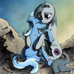 Size: 2000x2000 | Tagged: safe, artist:silfoe, marble pie, trixie, g4, bracelet, duo, fanfic, female, hammer, hug, lesbian, rock farm, ship:marbixie, shipping