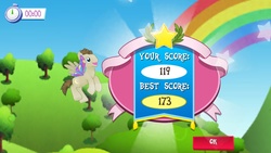 Size: 1136x640 | Tagged: safe, gameloft, screencap, crescent pony, mane moon, pegasus, pony, g4, butterfly wings, clear the skies, error, glimmer wings, glitch, score, wings