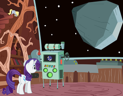 Size: 2895x2241 | Tagged: safe, artist:donnyku, derpy hooves, rarity, tom, pegasus, pony, unicorn, g4, background pony, david bowie, earth, female, mare, pun, rock, song reference, space, space oddity, visual pun