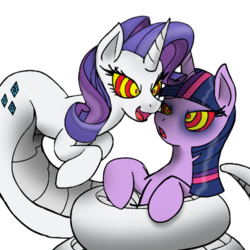 Size: 500x500 | Tagged: safe, artist:reiduran, rarity, twilight sparkle, lamia, original species, snake, g4, coils, hypnosis, imminent vore, lamity, snakepony, species swap, this will end in vore