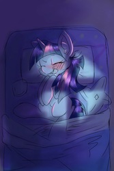 Size: 1119x1680 | Tagged: safe, artist:black dog, twilight sparkle, pony, g4, bed, blushing, female, filly, sleeping, solo