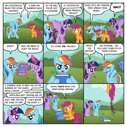 Size: 1024x1023 | Tagged: safe, artist:kturtle, rainbow dash, scootaloo, twilight sparkle, alicorn, pony, comic:rainbow dash's flying school, g4, angry, argument, book, comic, female, flying, flying lesson, levitation, mare, scootaloo can fly, surprised, twilight sparkle (alicorn)