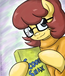 Size: 1200x1400 | Tagged: safe, artist:hasana-chan, pony, 30 minute art challenge, box, female, freckles, glasses, hilarious in hindsight, looking at you, mare, ponified, scooby-doo!, smiling, velma dinkley