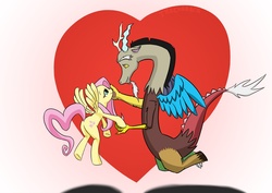 Size: 1680x1188 | Tagged: safe, artist:draneas, discord, fluttershy, draconequus, pegasus, pony, g4, duo, female, heart, heart background, heart tail, love, male, ship:discoshy, shipping, straight, valentine, valentine's day