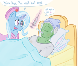 Size: 1246x1052 | Tagged: safe, artist:hamflo, trixie, oc, oc:anon, g4, clothes, ice pack, nurse, thermometer, uniform