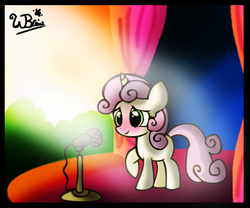 Size: 800x665 | Tagged: safe, artist:neoncabaret, sweetie belle, g4, blushing, cute, diasweetes, microphone, song, stage, voice