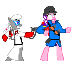 Size: 456x381 | Tagged: safe, diamond tiara, silver spoon, g4, backstab, blood, glasses, medic, medic (tf2), ms paint, silver medic, soldier, soldier (tf2), team fortress 2