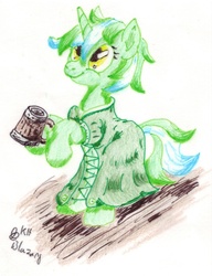 Size: 614x800 | Tagged: safe, artist:blazang, lyra heartstrings, pony, g4, bipedal, clothes, color, dress, female, irish, lyrish, mug, smiling, solo, traditional art