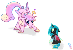 Size: 1074x744 | Tagged: safe, artist:meekcheep, princess cadance, queen chrysalis, alicorn, changeling, nymph, pony, g4, age regression, bow, cute, cutealis, cutedance, female, filly, filly queen chrysalis, foal, hair bow, heart eyes, signature, simple background, tail bow, teen princess cadance, teenager, time paradox, transparent background, wingding eyes, younger