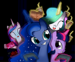 Size: 1200x1000 | Tagged: safe, artist:hoyeechun, princess cadance, princess celestia, princess luna, twilight sparkle, alicorn, pony, g4, alicorn tetrarchy, controller, drink, female, magic, mare, smiling, twilight sparkle (alicorn)