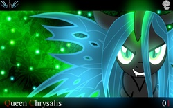 Size: 1600x1000 | Tagged: safe, artist:ringodaifuku, queen chrysalis, changeling, changeling queen, g4, female, glowing eyes, grin, pixiv, solo