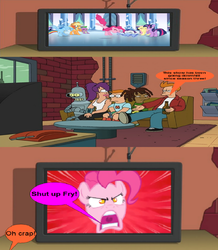 Size: 680x779 | Tagged: safe, pinkie pie, g4, season 3, breaking the fourth wall, fourth wall, futurama, male, television, watch, watching