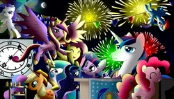 Size: 2680x1532 | Tagged: safe, artist:ringodaifuku, applejack, fluttershy, pinkie pie, princess cadance, princess celestia, princess luna, rainbow dash, rarity, shining armor, twilight sparkle, g4, clock, fireworks, glimmer wings, happy new year, holiday, mane six, royal sisters, sisters, summer sun celebration